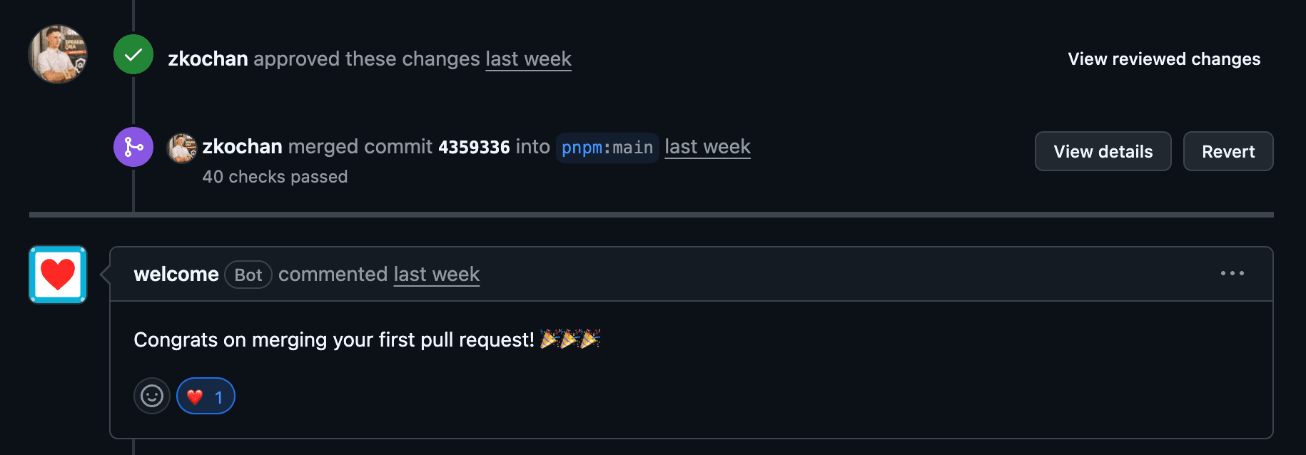 pnpm 첫 PR이 승인되고 main 브랜치에 병합된 뒤 축하 봇 댓글이 달린 GitHub 화면